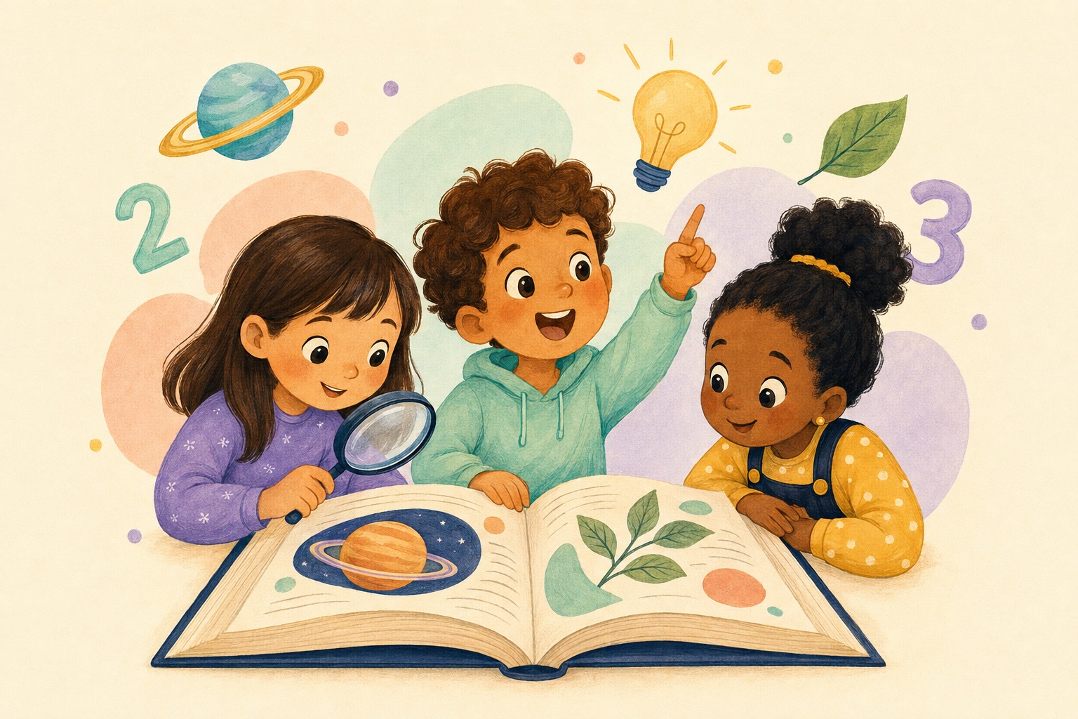 Tres niños descubriendo el mundo a través de un gran libro ilustrado